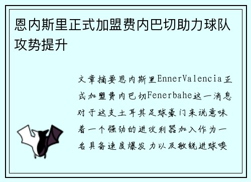 恩内斯里正式加盟费内巴切助力球队攻势提升